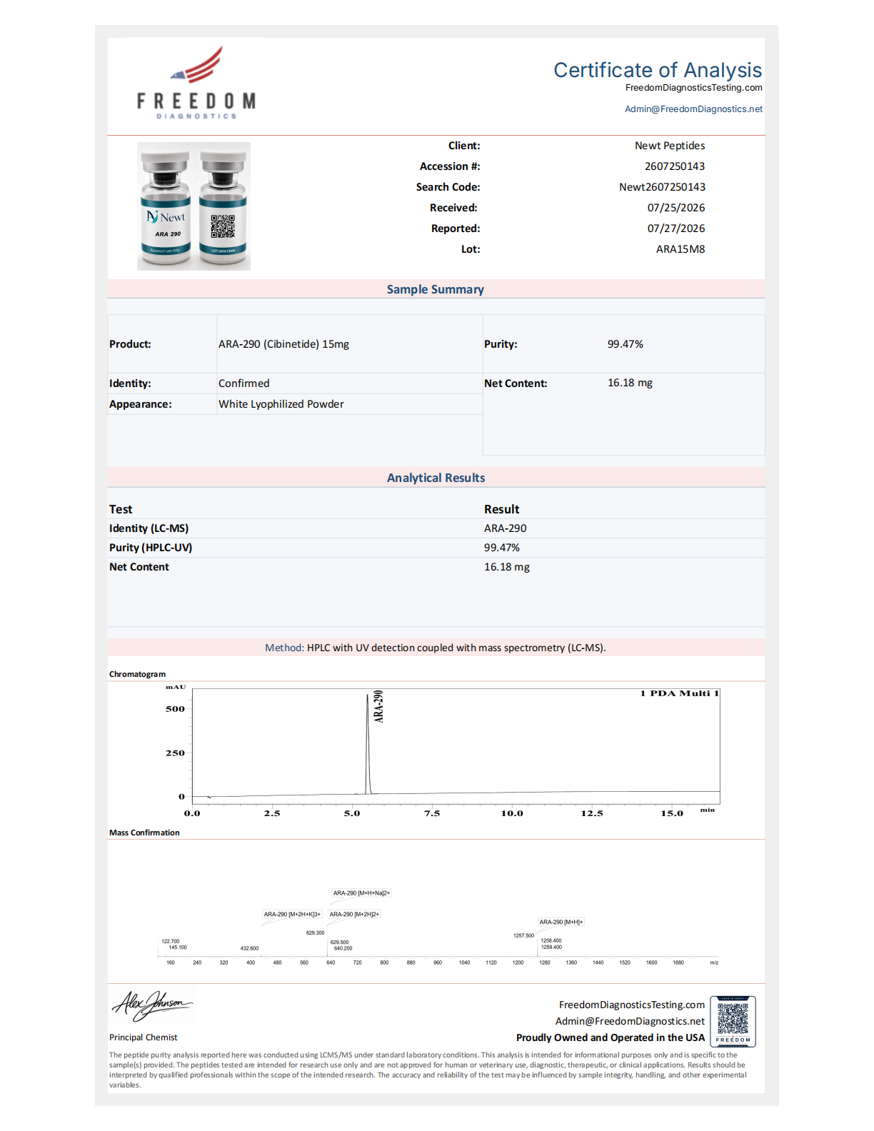 ARA-290 COA page 1