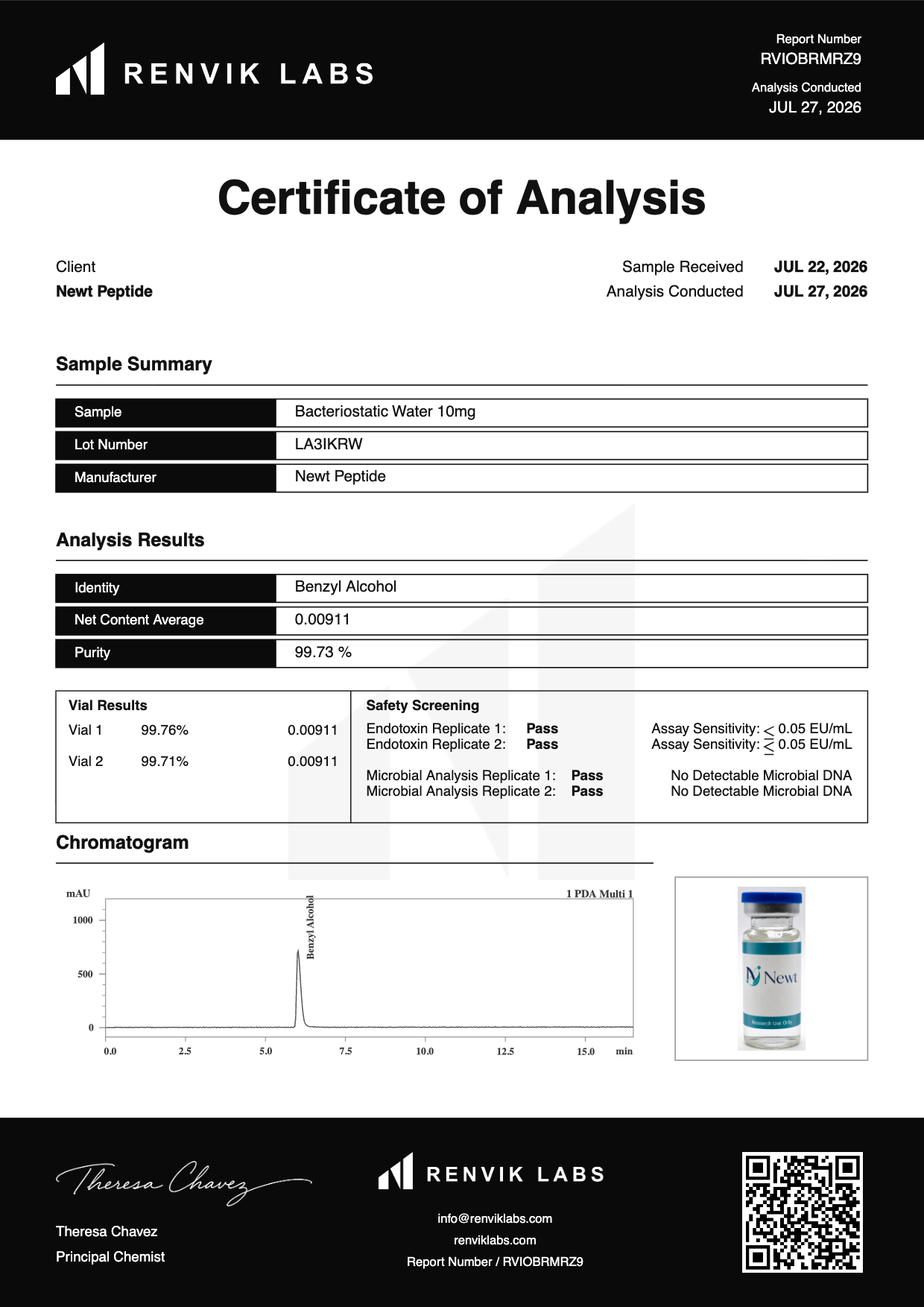 Bacteriostatic Water COA page 1