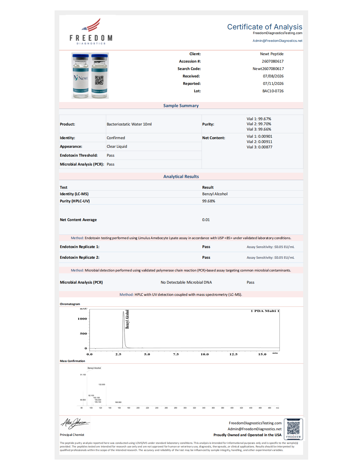 Bacteriostatic Water COA page 1